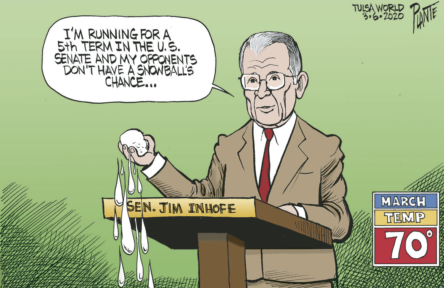 Bruce Plante Cartoon: Senator Jim "Snowball" Inhofe